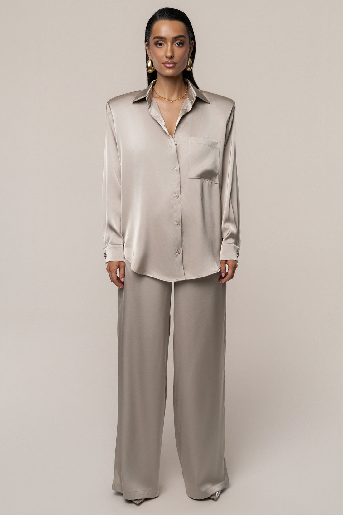 Beige Island Ease Collared Satin Top