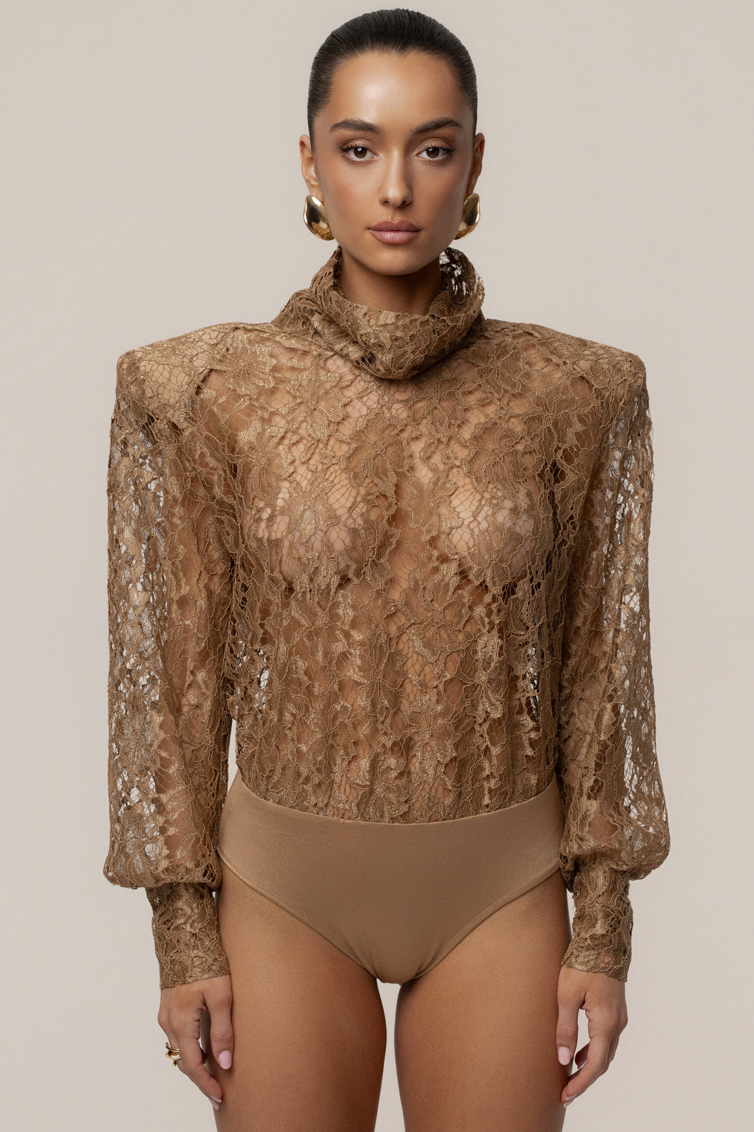 Beige Devotion Lace Bodysuit & Skirt Set