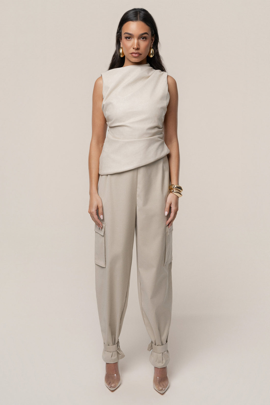 Beige Sleeveless Mock Neck Top