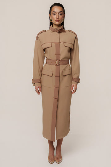 Beige Icon Belted Midi Dress
